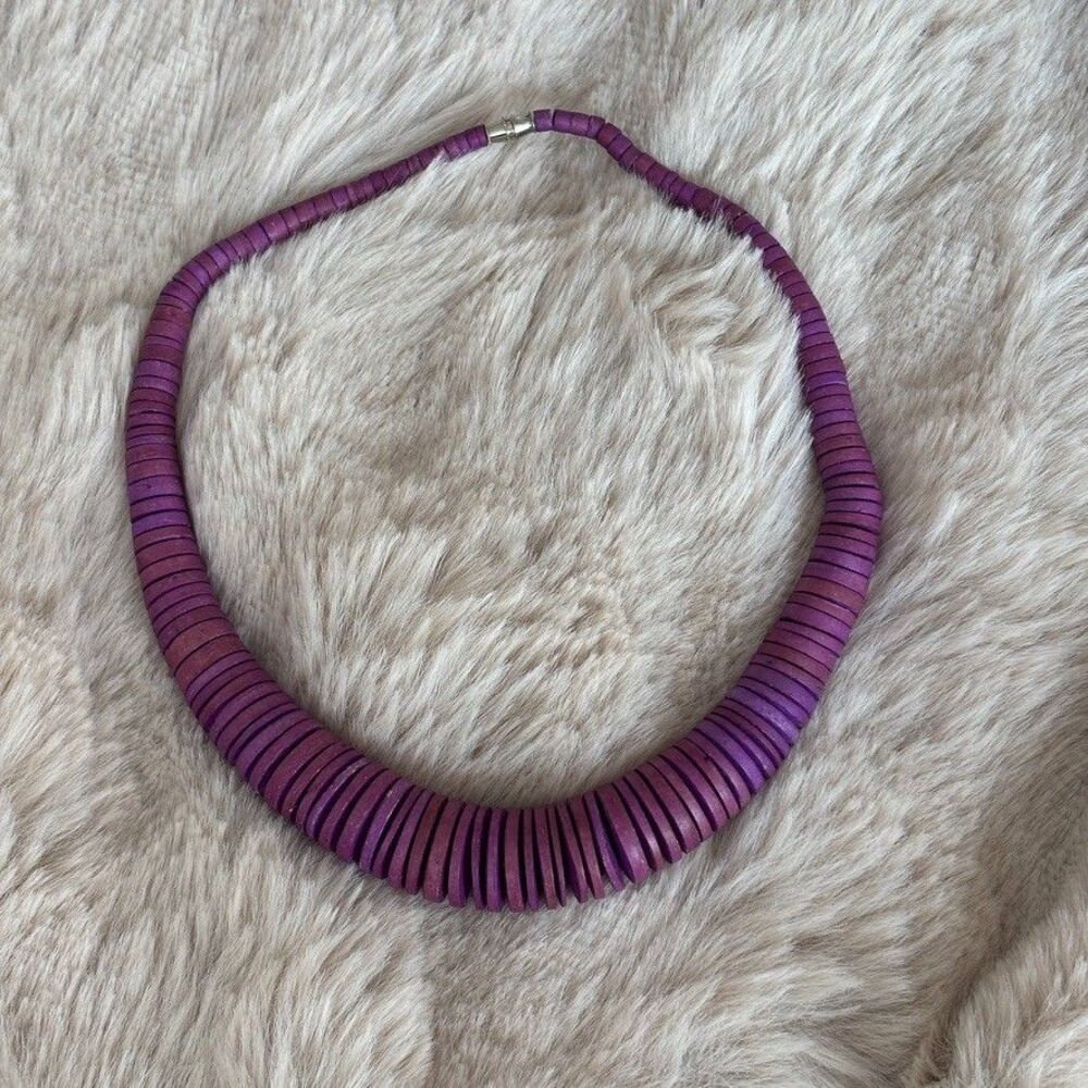 Vintage Graduated Wood Disc Bead Collar Necklace Purple Boho Statement 18"